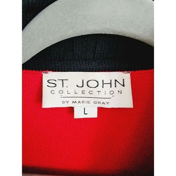 St. John Marie Gray L Red Knit Zip Up Cardigan Red Black Blazer Jacket *2 Holes* - Picture 6 of 10